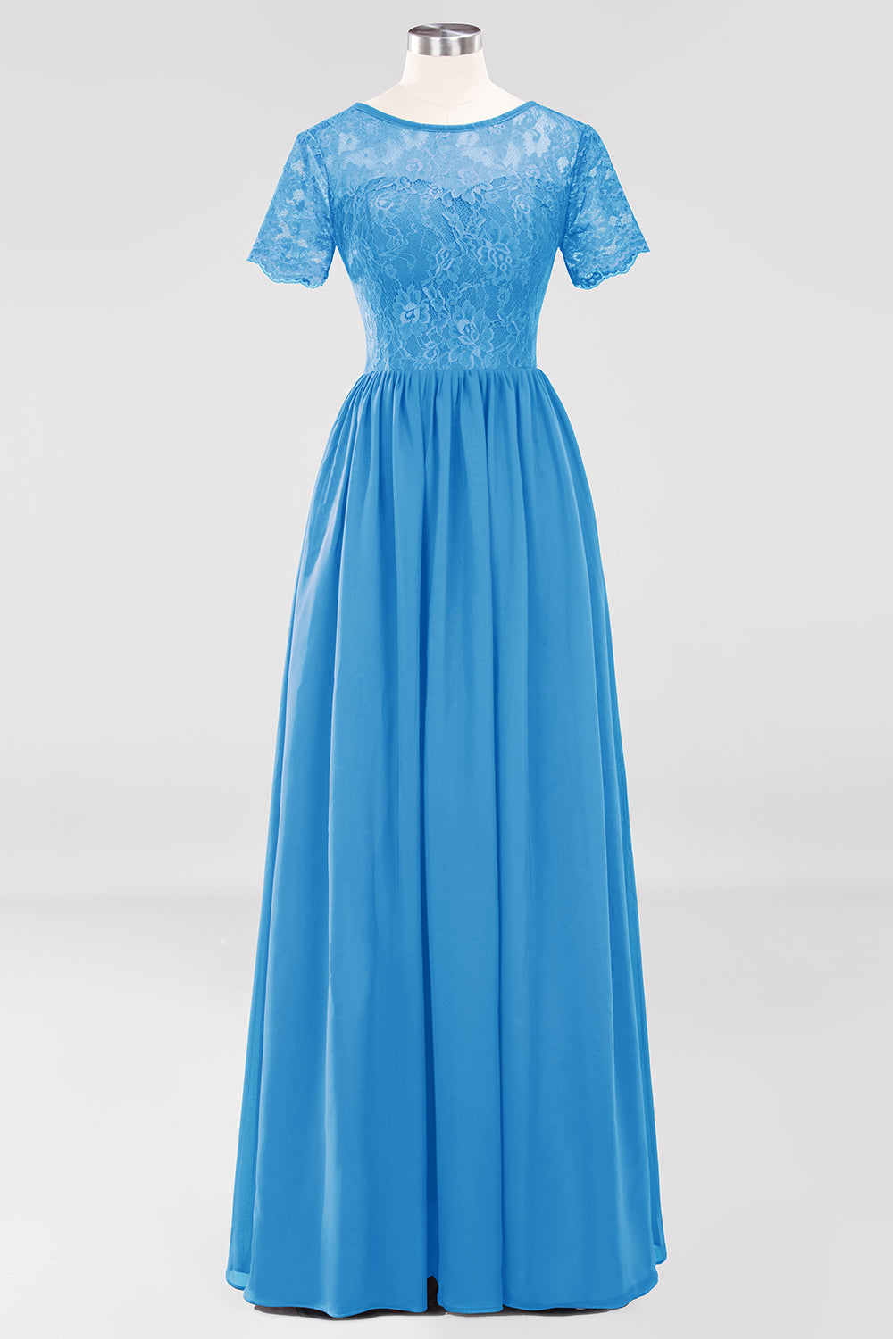 Elegant Dark Navy Long Lace Bridesmaid Dresses with Short-Sleeves-Babyonlines