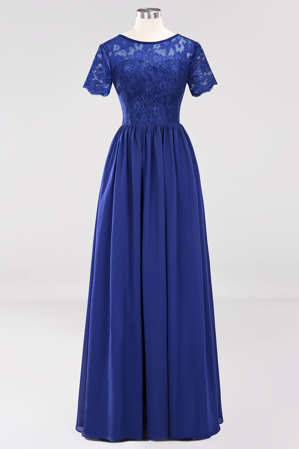 Elegant Dark Navy Long Lace Bridesmaid Dresses with Short-Sleeves-Babyonlines