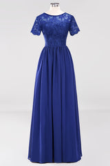Elegant Dark Navy Long Lace Bridesmaid Dresses with Short-Sleeves-Babyonlines