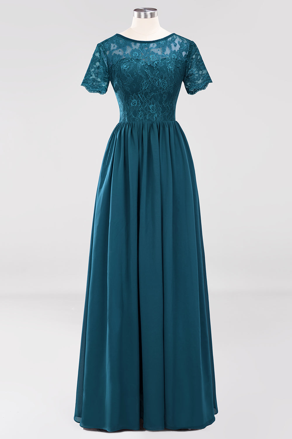 Elegant Dark Navy Long Lace Bridesmaid Dresses with Short-Sleeves-Babyonlines