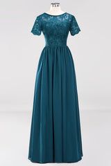 Elegant Dark Navy Long Lace Bridesmaid Dresses with Short-Sleeves-Babyonlines