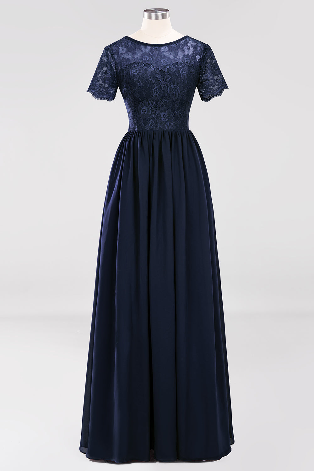 Elegant Dark Navy Long Lace Bridesmaid Dresses with Short-Sleeves-Babyonlines