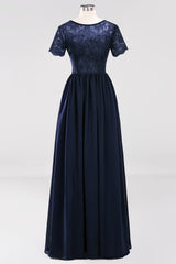 Elegant Dark Navy Long Lace Bridesmaid Dresses with Short-Sleeves-Babyonlines