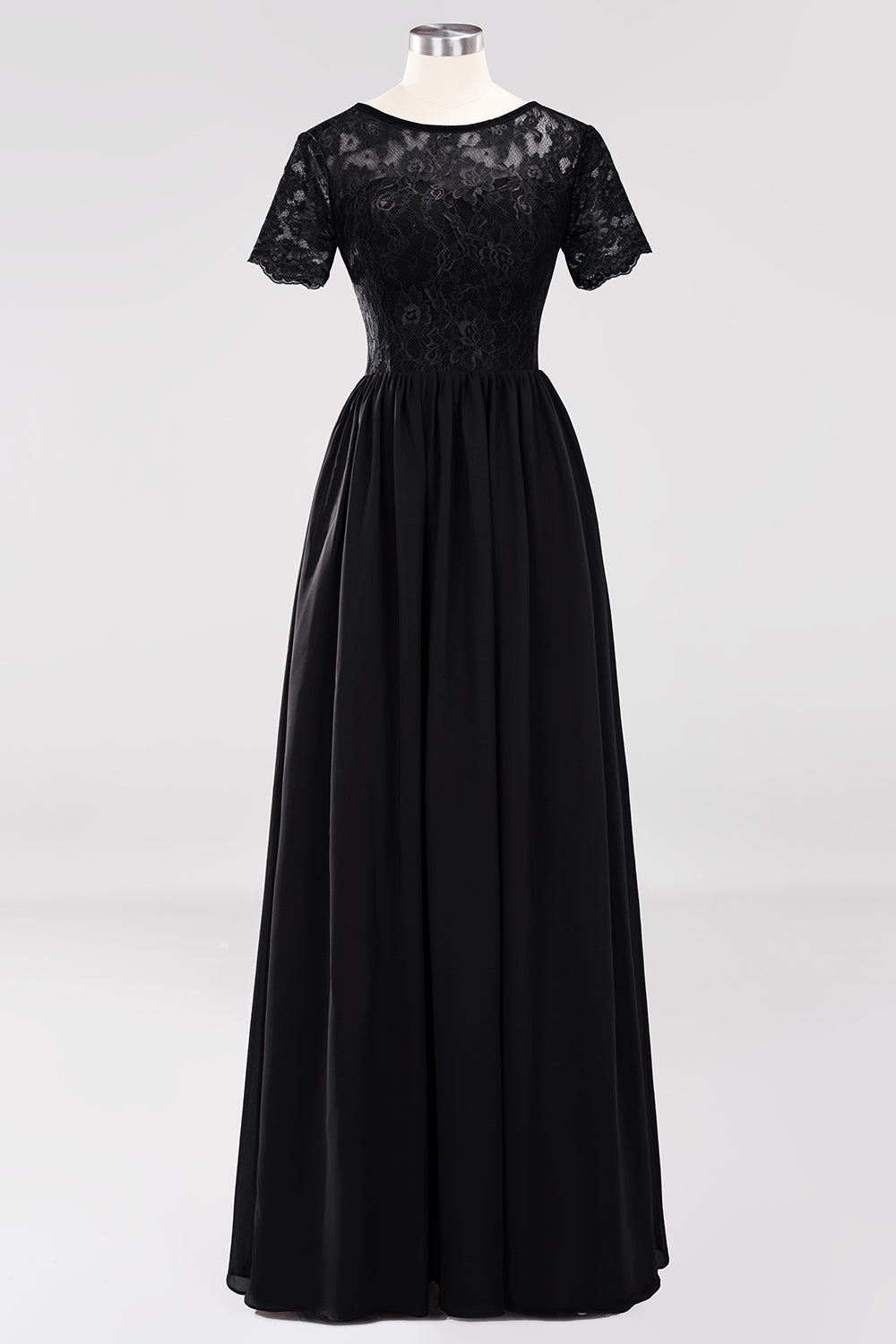 Elegant Dark Navy Long Lace Bridesmaid Dresses with Short-Sleeves-Babyonlines