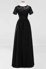 Elegant Dark Navy Long Lace Bridesmaid Dresses with Short-Sleeves-Babyonlines