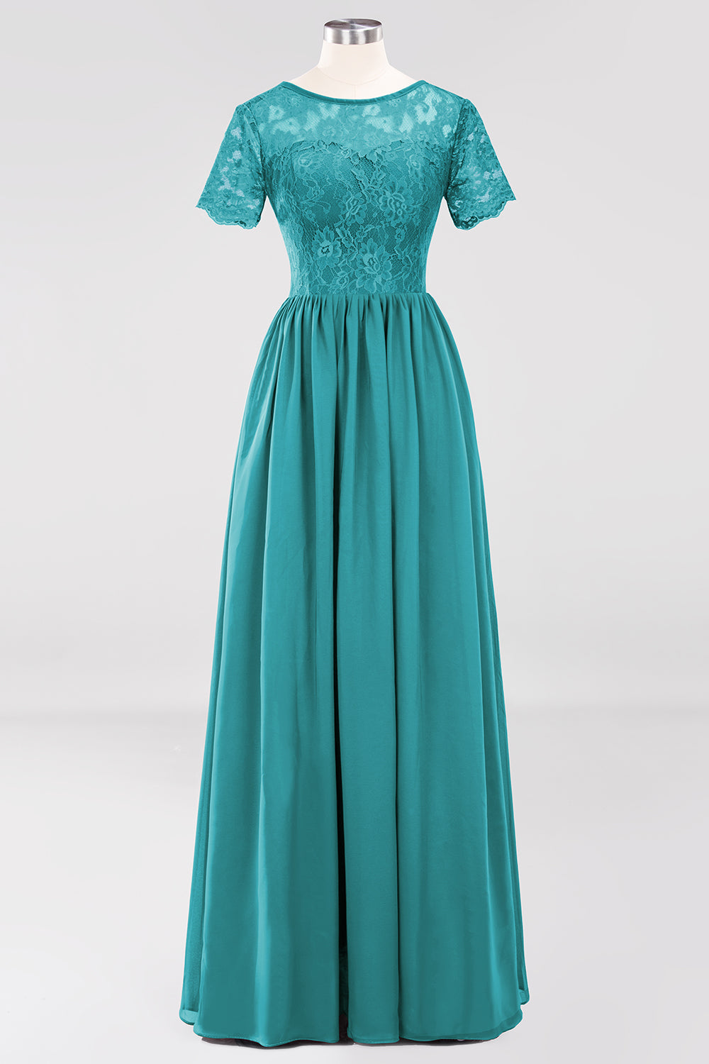 Elegant Dark Navy Long Lace Bridesmaid Dresses with Short-Sleeves-Babyonlines