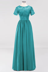 Elegant Dark Navy Long Lace Bridesmaid Dresses with Short-Sleeves-Babyonlines