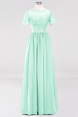 Elegant Dark Navy Long Lace Bridesmaid Dresses with Short-Sleeves-Babyonlines