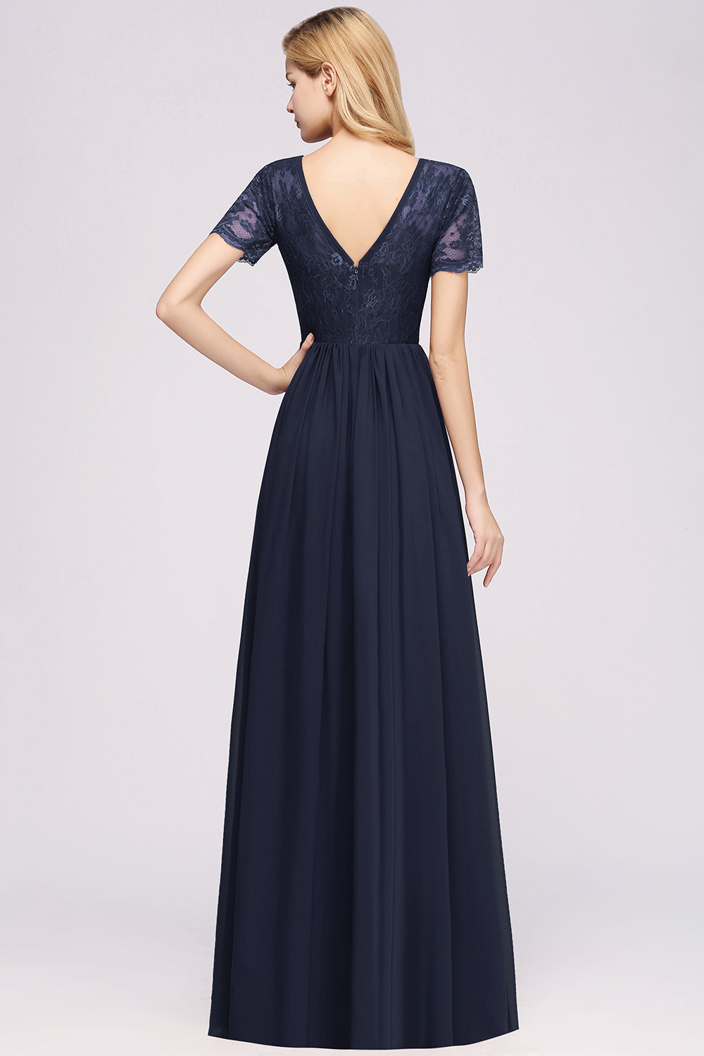 Elegant Dark Navy Long Lace Bridesmaid Dresses with Short-Sleeves-Babyonlines