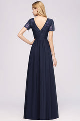 Elegant Dark Navy Long Lace Bridesmaid Dresses with Short-Sleeves-Babyonlines