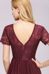 Elegant Dark Navy Long Lace Bridesmaid Dresses with Short-Sleeves-Babyonlines