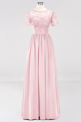 Elegant Dark Navy Long Lace Bridesmaid Dresses with Short-Sleeves-Babyonlines