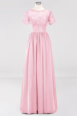 Elegant Dark Navy Long Lace Bridesmaid Dresses with Short-Sleeves-Babyonlines