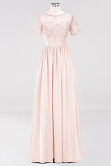 Elegant Dark Navy Long Lace Bridesmaid Dresses with Short-Sleeves-Babyonlines