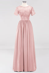 Elegant Dark Navy Long Lace Bridesmaid Dresses with Short-Sleeves-Babyonlines