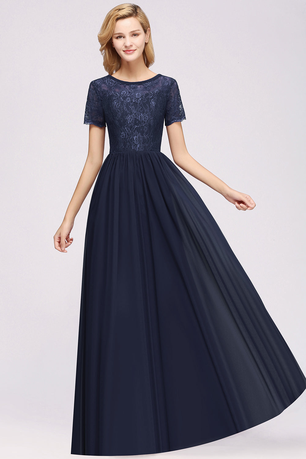 Elegant Dark Navy Long Lace Bridesmaid Dresses with Short-Sleeves-Babyonlines