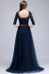 Elegant Half-Sleeves Lace Navy Bridesmaid Dresses with Appliques-Babyonlines