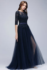 Elegant Half-Sleeves Lace Navy Bridesmaid Dresses with Appliques-Babyonlines
