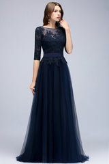 Elegant Half-Sleeves Lace Navy Bridesmaid Dresses with Appliques-Babyonlines