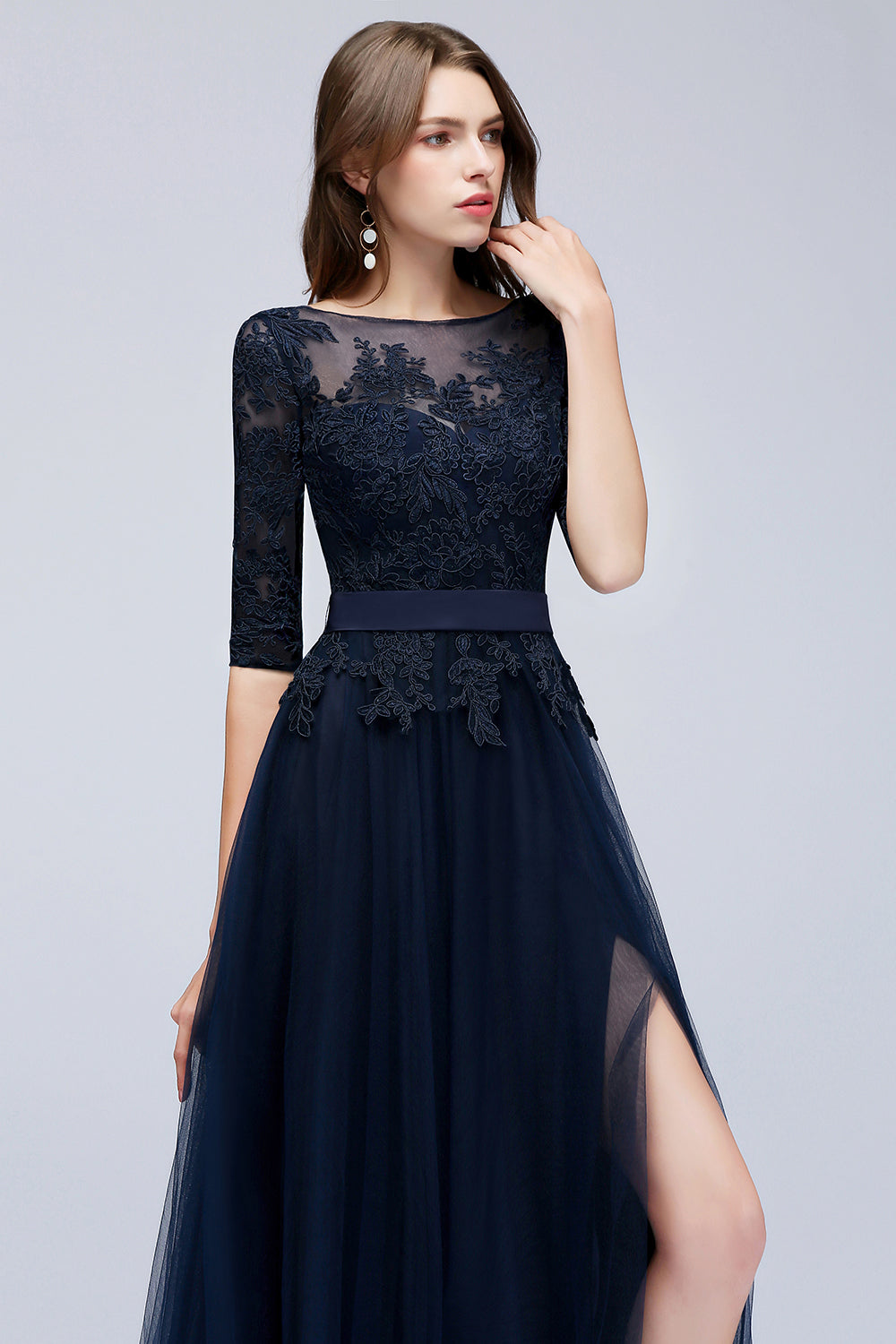 Elegant Half-Sleeves Lace Navy Bridesmaid Dresses with Appliques-Babyonlines