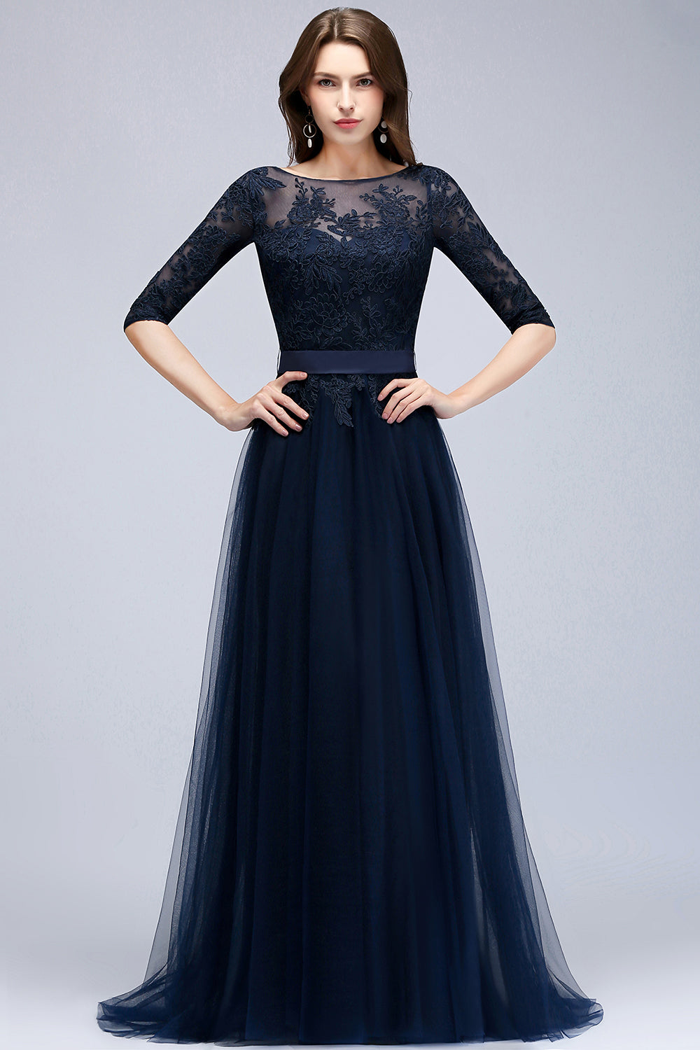 Elegant Half-Sleeves Lace Navy Bridesmaid Dresses with Appliques-Babyonlines