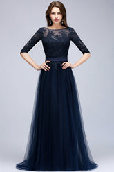 Elegant Half-Sleeves Lace Navy Bridesmaid Dresses with Appliques-Babyonlines