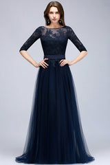 Elegant Half-Sleeves Lace Navy Bridesmaid Dresses with Appliques-Babyonlines