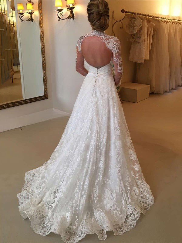 Elegant High Neck Lace Ball Gown Wedding Dress With Sashes / Ribbons