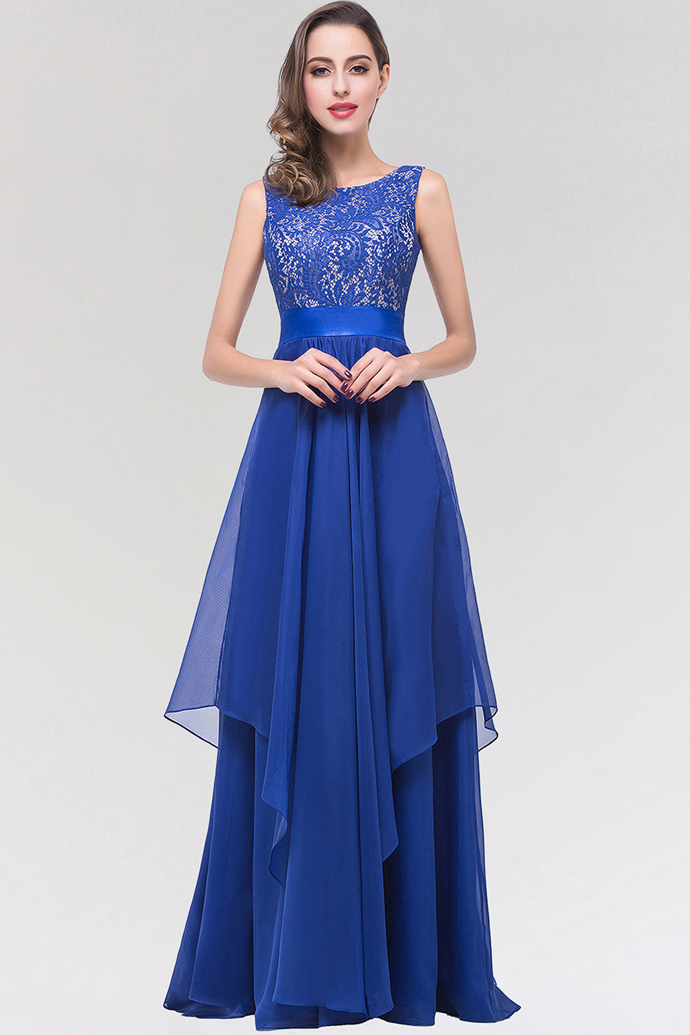 Elegant Lace Jewel Long Chiffon Bridesmaid Dress with Asymmetric Hemline-Babyonlines