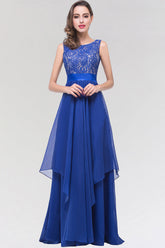 Elegant Lace Jewel Long Chiffon Bridesmaid Dress with Asymmetric Hemline-Babyonlines