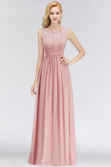 Elegant Lace Scoop Bridesmaid Dress Dusty Rose Chiffon Sleeveless Wedding party Dress-Babyonlines