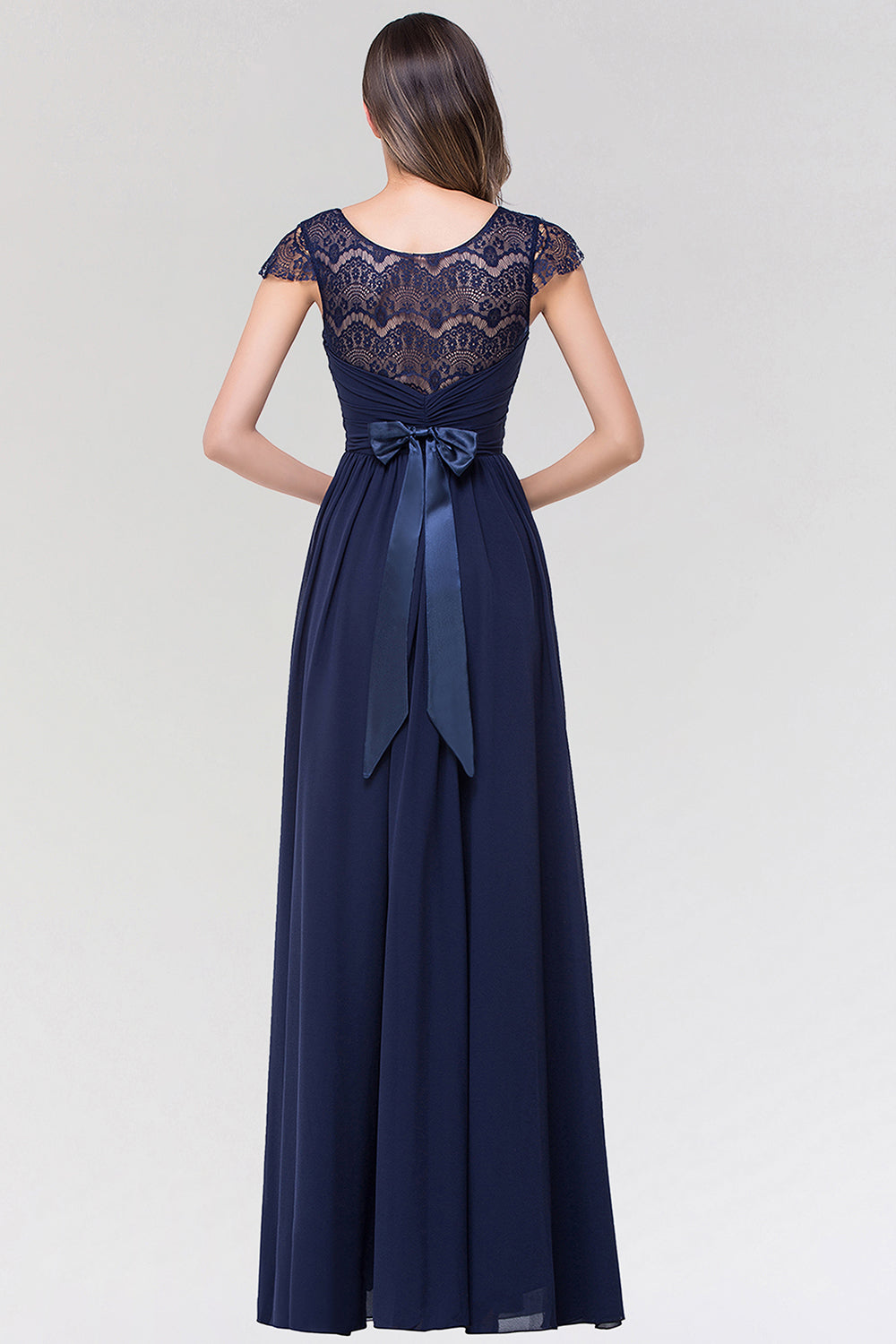Elegant Lace Scoop Sleeveless Navy Bridesmaid Dress with Buttons-Babyonlines