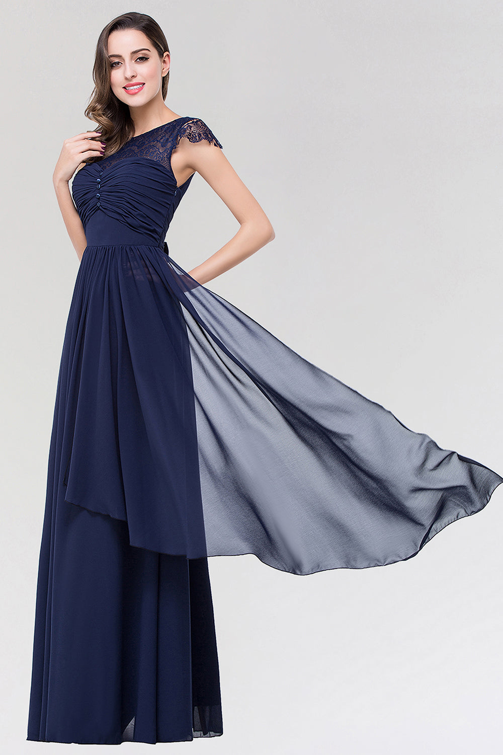 Elegant Lace Scoop Sleeveless Navy Bridesmaid Dress with Buttons-Babyonlines