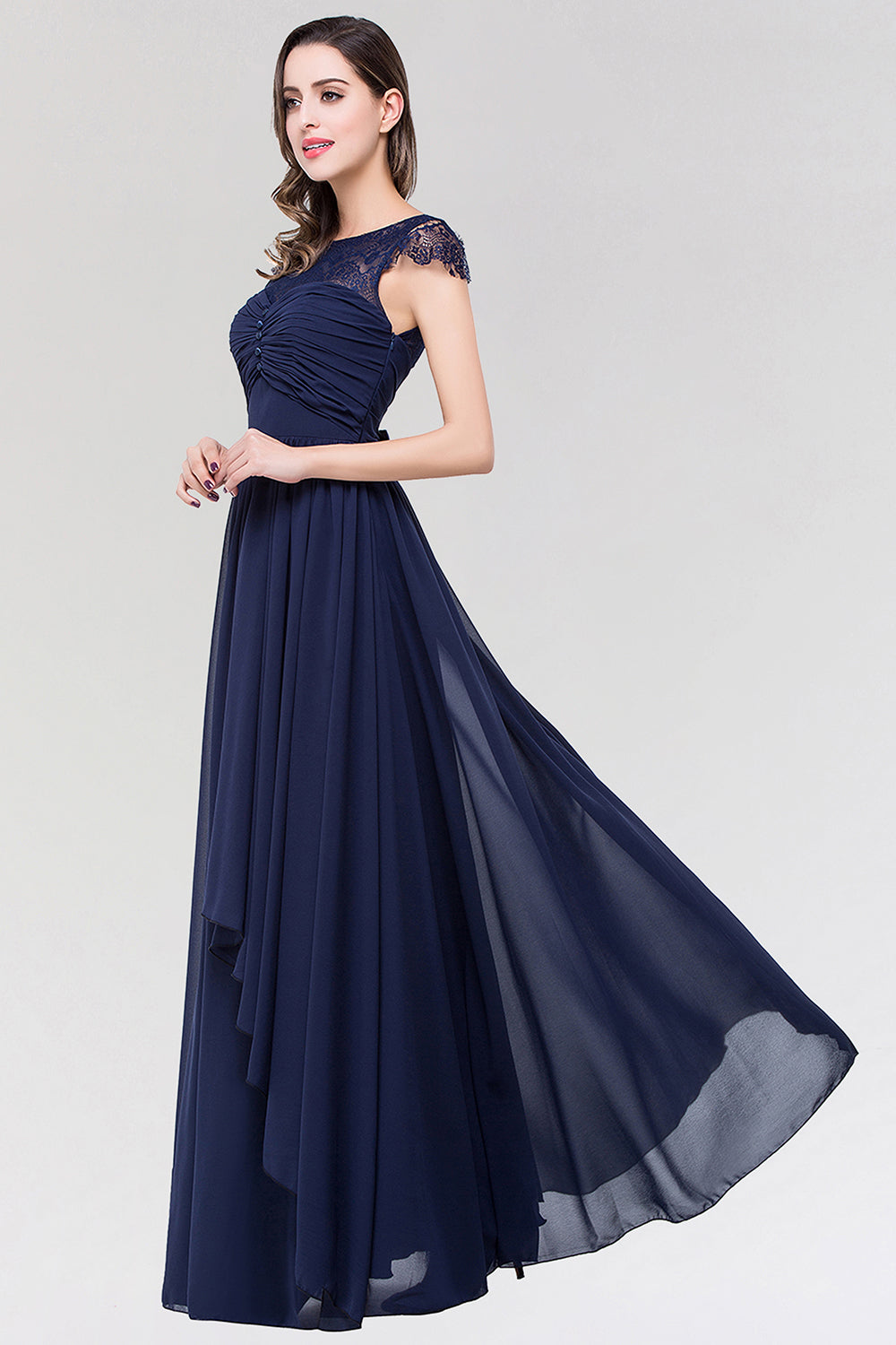Elegant Lace Scoop Sleeveless Navy Bridesmaid Dress with Buttons-Babyonlines