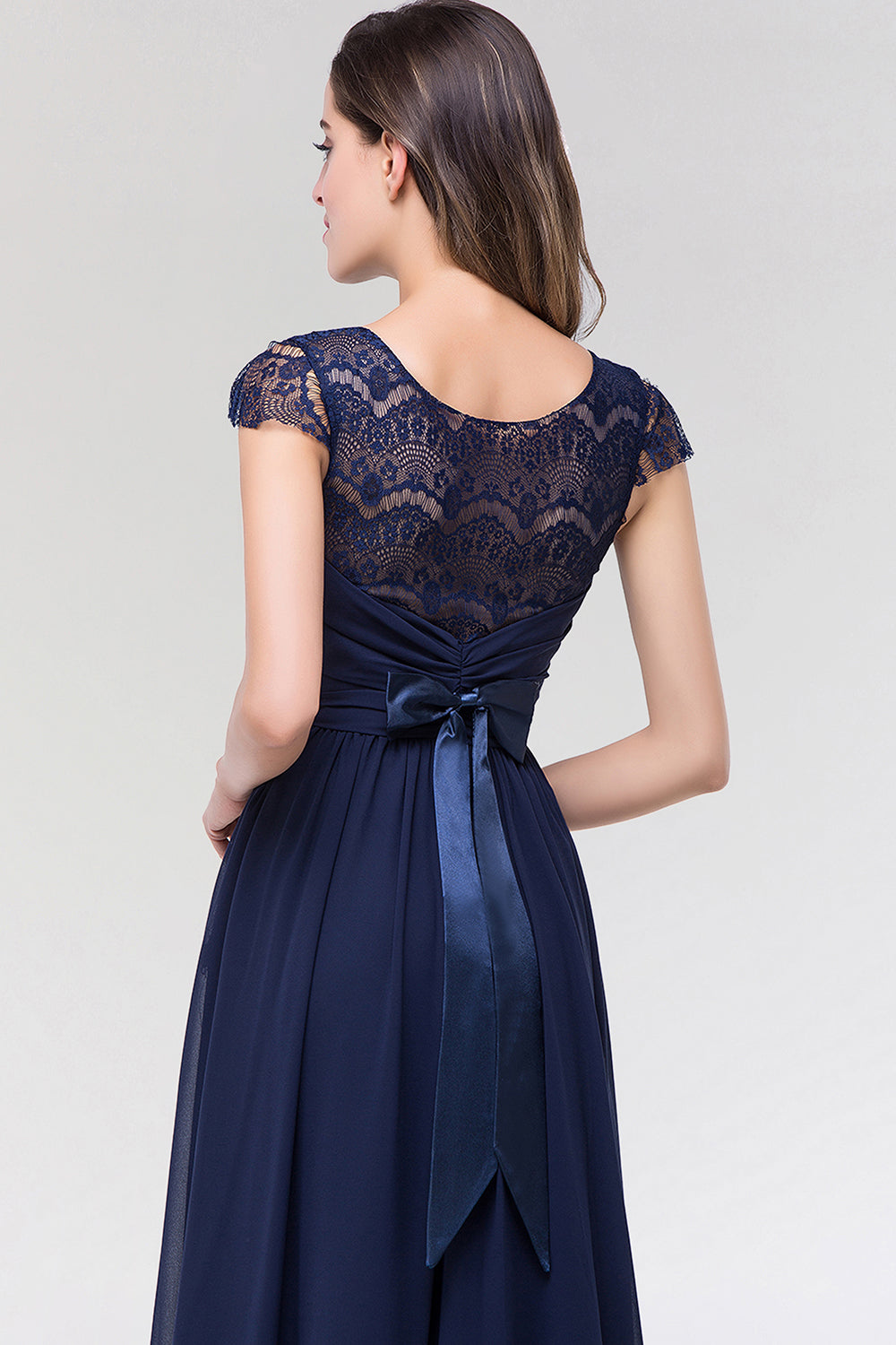 Elegant Lace Scoop Sleeveless Navy Bridesmaid Dress with Buttons-Babyonlines