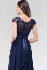 Elegant Lace Scoop Sleeveless Navy Bridesmaid Dress with Buttons-Babyonlines