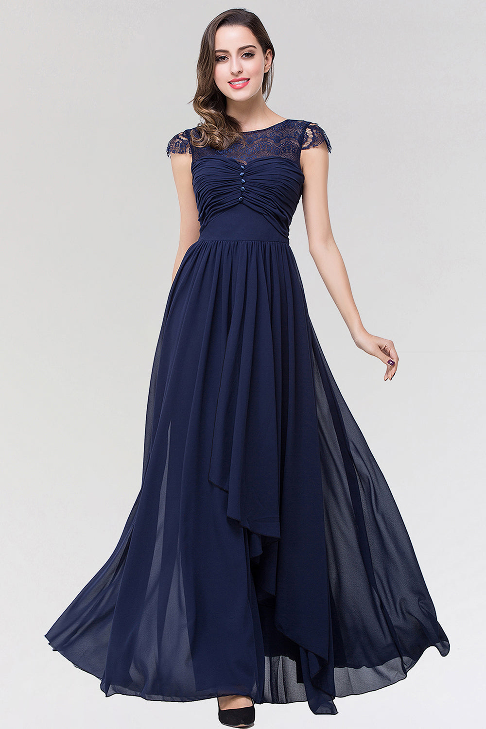 Elegant Lace Scoop Sleeveless Navy Bridesmaid Dress with Buttons-Babyonlines