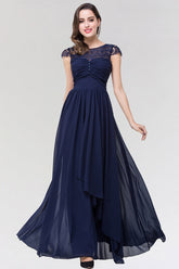 Elegant Lace Scoop Sleeveless Navy Bridesmaid Dress with Buttons-Babyonlines