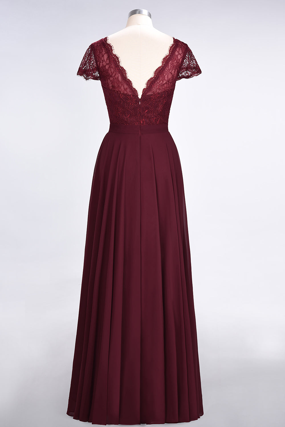 Elegant Lace V-Neck Burgundy Bridesmaid Dress with Cap Sleeves-Babyonlines