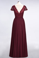Elegant Lace V-Neck Burgundy Bridesmaid Dress with Cap Sleeves-Babyonlines