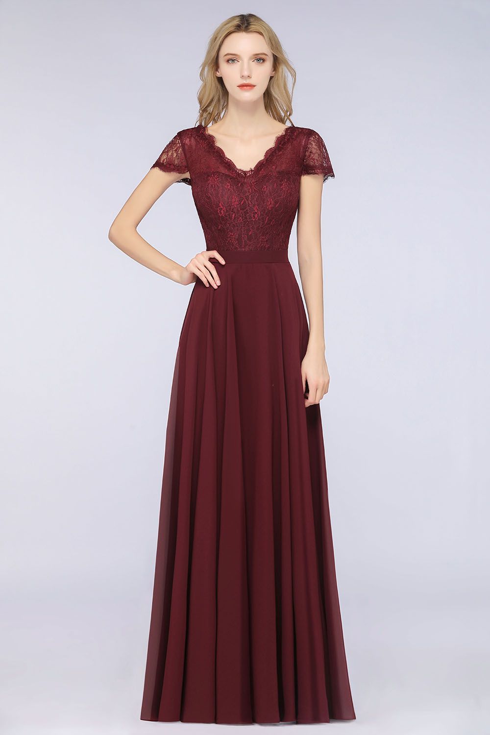Elegant Lace V-Neck Burgundy Bridesmaid Dress with Cap Sleeves-Babyonlines