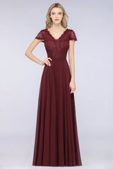 Elegant Lace V-Neck Burgundy Bridesmaid Dress with Cap Sleeves-Babyonlines