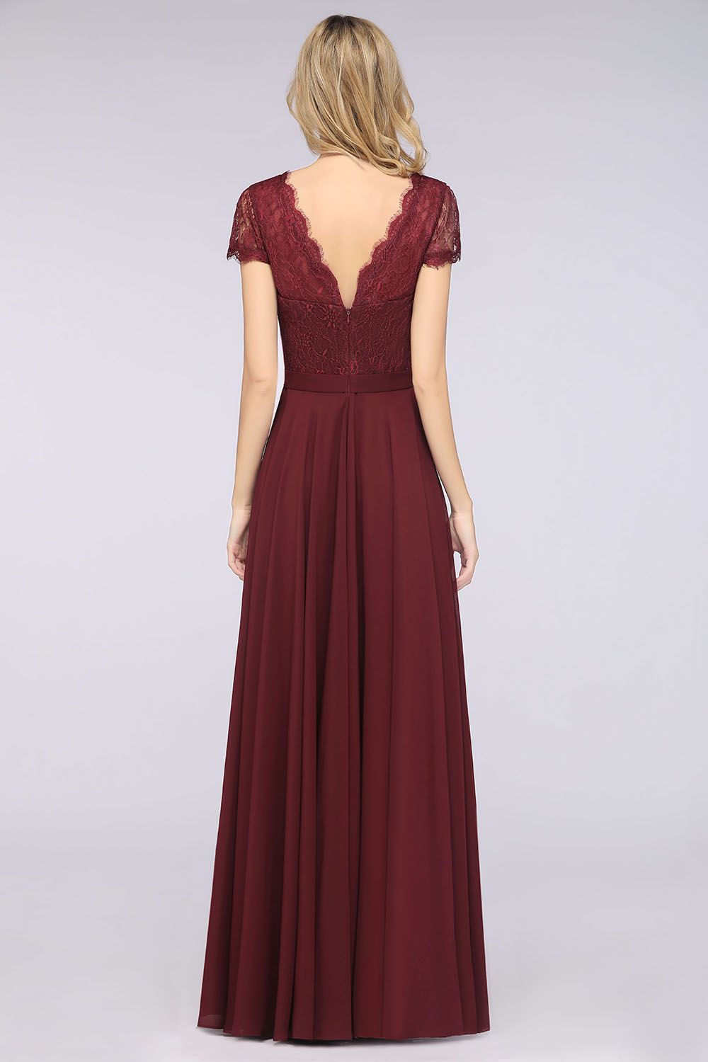 Elegant Lace V-Neck Burgundy Bridesmaid Dress with Cap Sleeves-Babyonlines