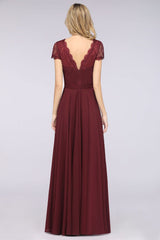Elegant Lace V-Neck Burgundy Bridesmaid Dress with Cap Sleeves-Babyonlines