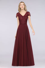 Elegant Lace V-Neck Burgundy Bridesmaid Dress with Cap Sleeves-Babyonlines