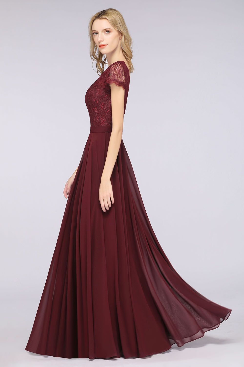 Elegant Lace V-Neck Burgundy Bridesmaid Dress with Cap Sleeves-Babyonlines