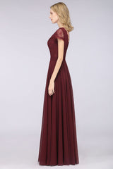 Elegant Lace V-Neck Burgundy Bridesmaid Dress with Cap Sleeves-Babyonlines