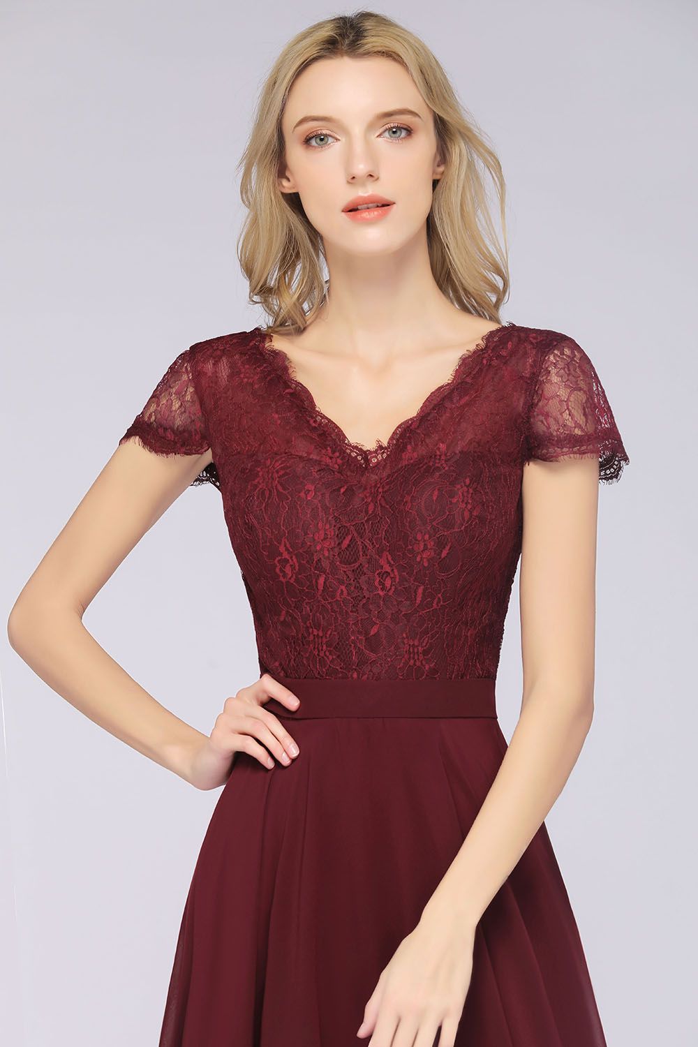 Elegant Lace V-Neck Burgundy Bridesmaid Dress with Cap Sleeves-Babyonlines