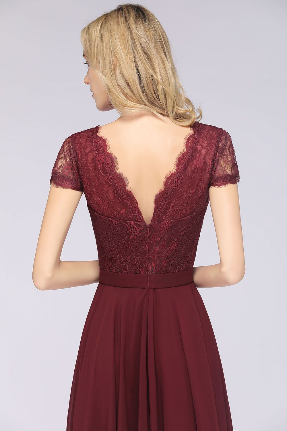 Elegant Lace V-Neck Burgundy Bridesmaid Dress with Cap Sleeves-Babyonlines