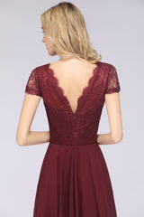Elegant Lace V-Neck Burgundy Bridesmaid Dress with Cap Sleeves-Babyonlines